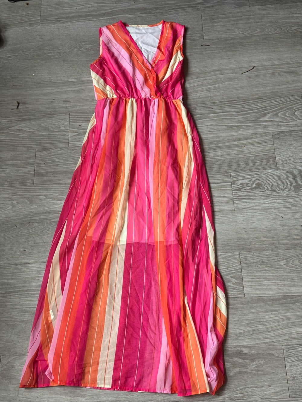Girls' Pink & Orange Striped Maxi Dress - Sleeveless V-Neck